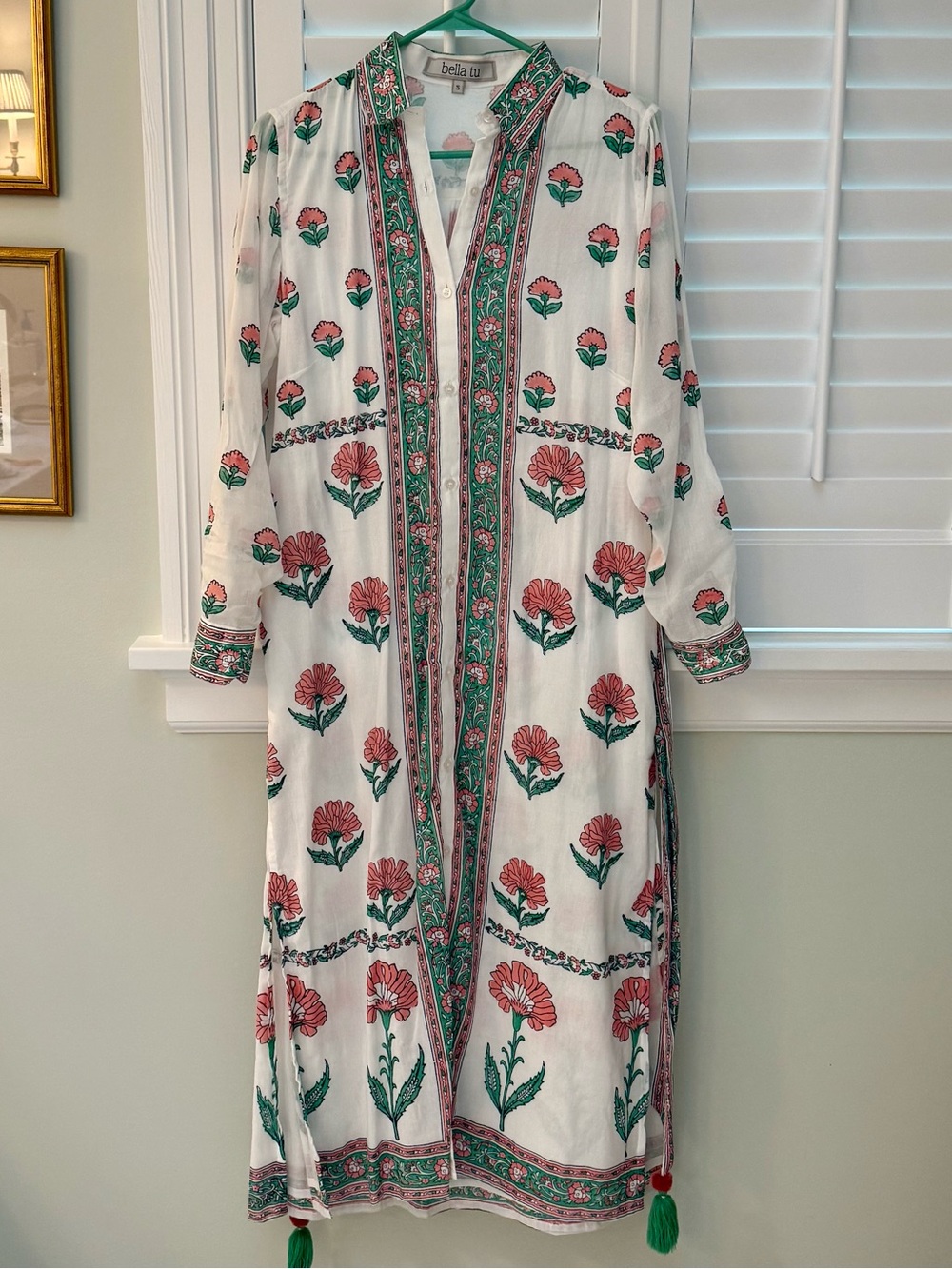 Bella Tu White Maxi Dress with Pink Floral and Green Trim